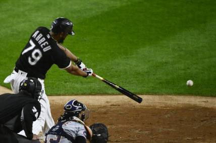 Sep 23, 2022; Chicago, Illinois, USA; Chicago White Sox first baseman Jose Abreu (79) hits an RBI single during the third inning against the Detroit Tigers at Guaranteed Rate Field. Mandatory Credit: Matt Marton-USA TODAY Sports