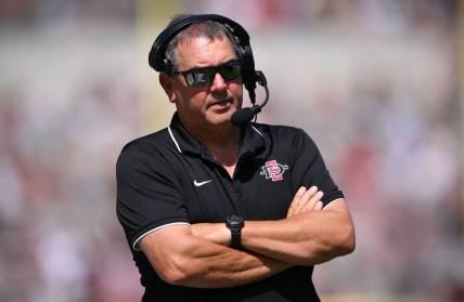 Sep 24, 2022; San Diego, California, USA; San Diego State Aztecs head coach Brady Hoke looks on during the first half against the Toledo Rockets at Snapdragon Stadium. Mandatory Credit: Orlando Ramirez-USA TODAY Sports