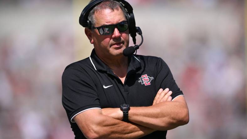 Sep 24, 2022; San Diego, California, USA; San Diego State Aztecs head coach Brady Hoke looks on during the first half against the Toledo Rockets at Snapdragon Stadium. Mandatory Credit: Orlando Ramirez-USA TODAY Sports