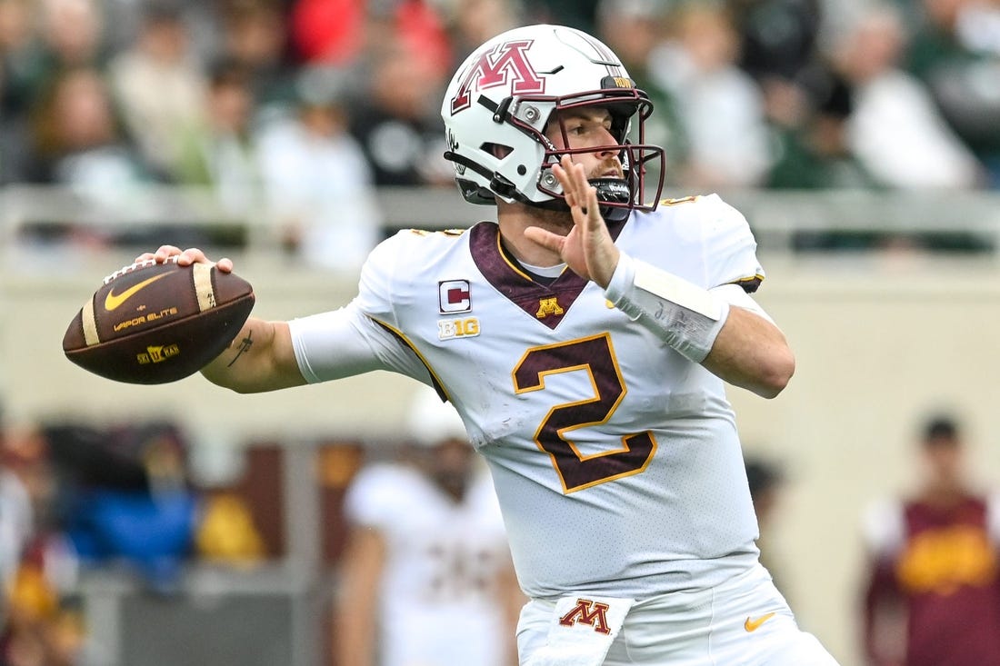 Minnesota's Tanner Morgan throws a pass against Michigan State during the first quarter on Saturday, Sept. 24, 2022, at Spartan Stadium in East Lansing.

220924 Msu Minn Fb 077a