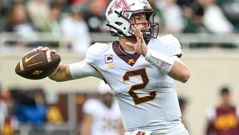 Minnesota's Tanner Morgan throws a pass against Michigan State during the first quarter on Saturday, Sept. 24, 2022, at Spartan Stadium in East Lansing.

220924 Msu Minn Fb 077a