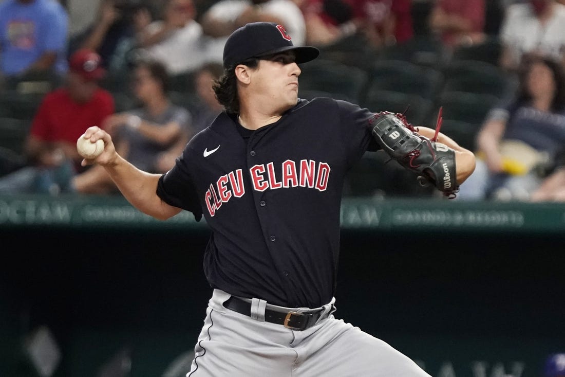 Sep 24, 2022; Arlington, Texas, USA; Cleveland Guardians starting pitcher Cal Quantrill (47) throws to the plate during the first inning against the Texas Rangers at Globe Life Field. Mandatory Credit: Raymond Carlin III-USA TODAY Sports