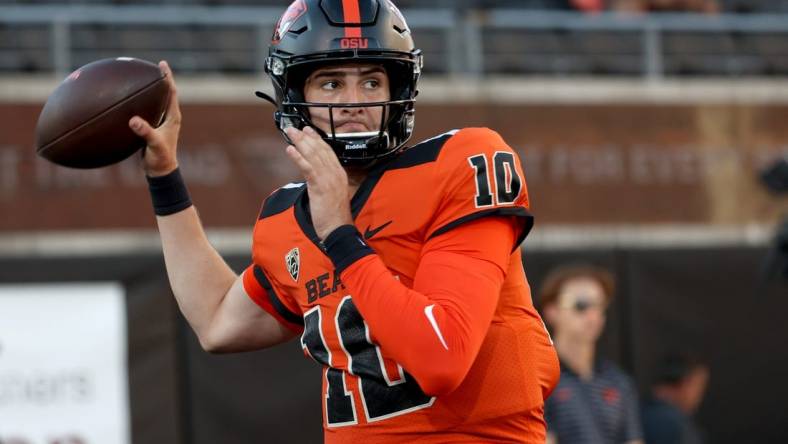 Sep 24, 2022; Corvallis, Oregon, USA; Oregon State Beavers quarterback Chance Nolan (10) throws during warm-ups before playing the USC Trojans at Reser Stadium. Mandatory Credit: Jaime Valdez-USA TODAY Sports