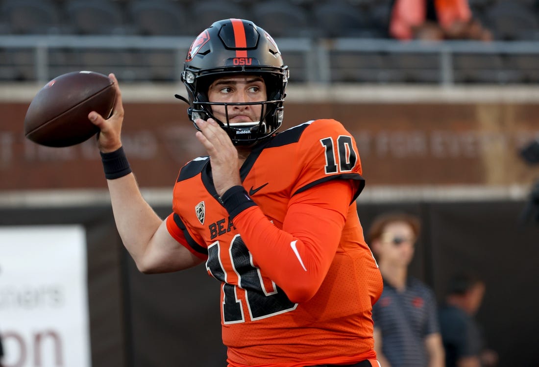 Sep 24, 2022; Corvallis, Oregon, USA; Oregon State Beavers quarterback Chance Nolan (10) throws during warm-ups before playing the USC Trojans at Reser Stadium. Mandatory Credit: Jaime Valdez-USA TODAY Sports