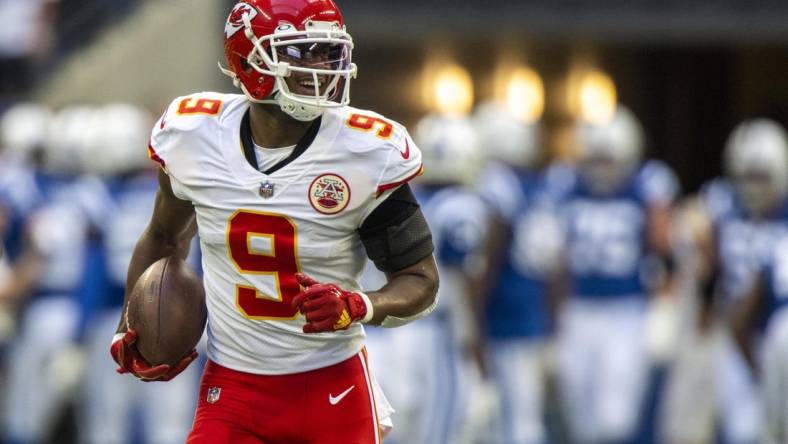 Sep 25, 2022; Indianapolis, Indiana, USA; Kansas City Chiefs wide receiver JuJu Smith-Schuster (9) smiles during warm ups before the game against the Indianapolis Colts at Lucas Oil Stadium. Mandatory Credit: Marc Lebryk-USA TODAY Sports