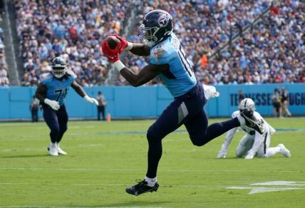 Tennessee Titans wide receiver Treylon Burks (16) catches a pass during the second quarter at Nissan Stadium Sunday, Sept. 25, 2022, in Nashville, Tenn.

Nfl Las Vegas Raiders At Tennessee Titans