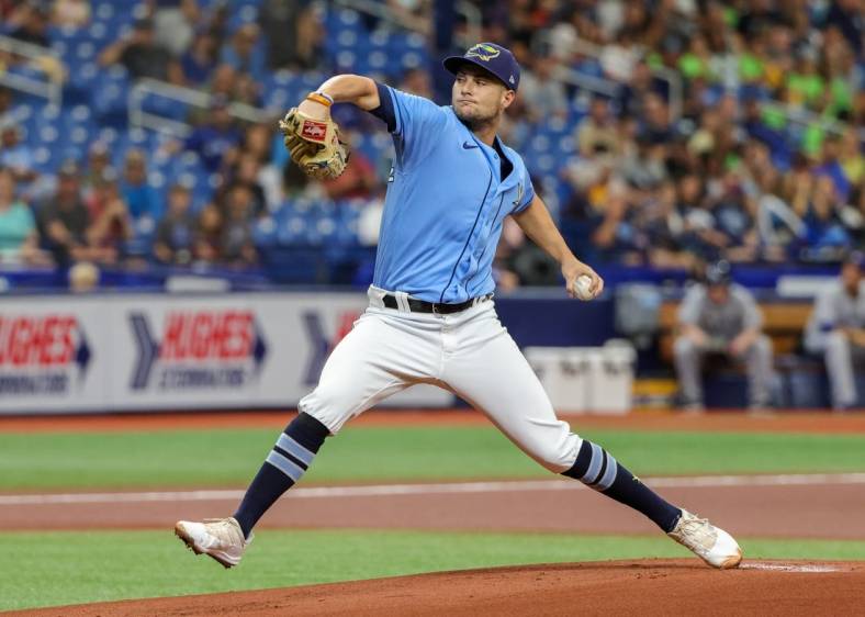 Sep 25, 2022; St. Petersburg, Florida, USA; Tampa Bay Rays starting pitcher Shane McClanahan (18) throws a pitch during the first inning against the Toronto Blue Jays at Tropicana Field. Mandatory Credit: Mike Watters-USA TODAY Sports