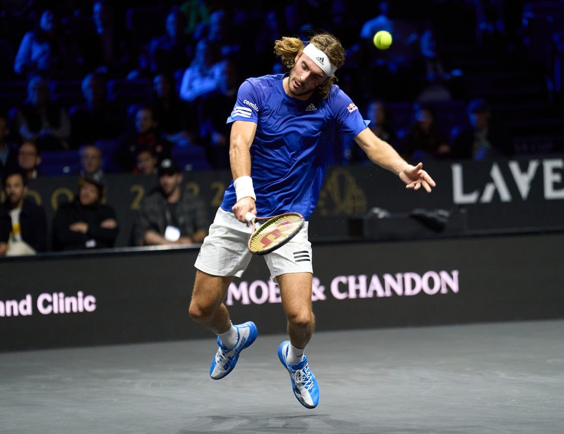 Sep 25, 2022; London, United Kingdom; Stefanos Tsitsipas (GRE) plays a shot against Frances Tiafoe (USA) in Lavers Cup singles. Mandatory Credit: Peter van den Berg-USA TODAY Sports