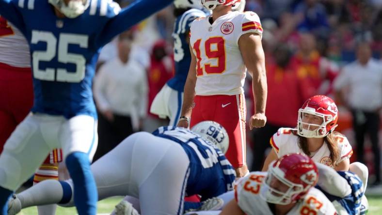 Sep 25, 2022; Indianapolis, Indiana, USA; Kansas City Chiefs place kicker Matt Ammendola (19) reacts after missing his second field goal of a game against the Indianapolis Colts at Lucas Oil Stadium. Mandatory Credit: Jenna Watson/IndyStar Staff-USA TODAY Sports