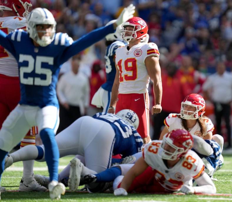 Sep 25, 2022; Indianapolis, Indiana, USA; Kansas City Chiefs place kicker Matt Ammendola (19) reacts after missing his second field goal of a game against the Indianapolis Colts at Lucas Oil Stadium. Mandatory Credit: Jenna Watson/IndyStar Staff-USA TODAY Sports