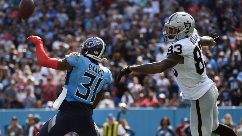 Sep 25, 2022; Nashville, Tennessee, USA; Tennessee Titans safety Kevin Byard (31) knocks away the game-tying two-point attempt intended for Las Vegas Raiders tight end Darren Waller (83) during the second half at Nissan Stadium. Mandatory Credit: Christopher Hanewinckel-USA TODAY Sports