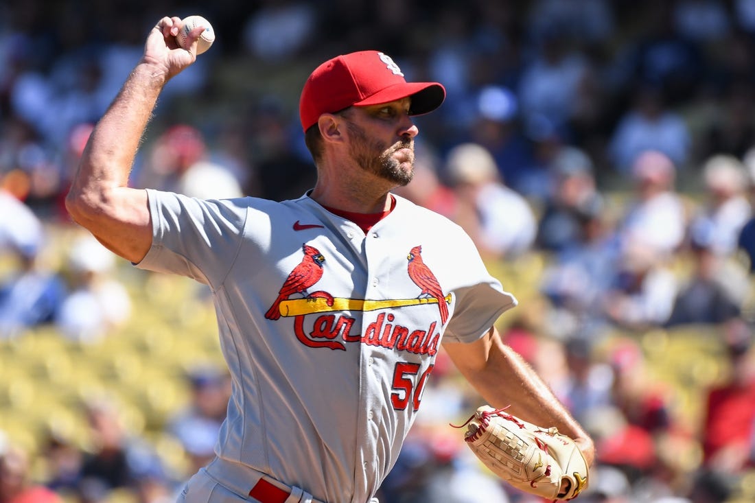 Sep 25, 2022; Los Angeles, California, USA; St. Louis Cardinals starting pitcher Adam Wainwright (50) throws a pitch against the Los Angeles Dodgers during first inning at Dodger Stadium. Mandatory Credit: Jonathan Hui-USA TODAY Sports