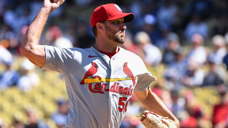 Sep 25, 2022; Los Angeles, California, USA; St. Louis Cardinals starting pitcher Adam Wainwright (50) throws a pitch against the Los Angeles Dodgers during first inning at Dodger Stadium. Mandatory Credit: Jonathan Hui-USA TODAY Sports