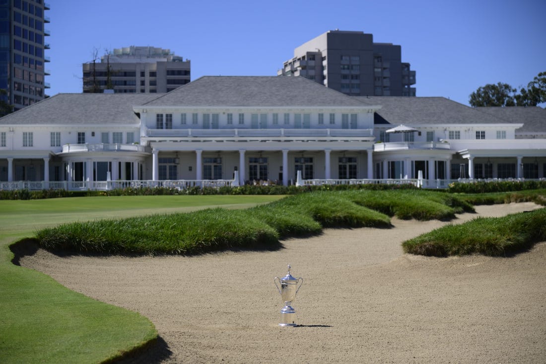 Sep 26, 2022; Los Angeles, California, USA; The championship trophy sits in the bunker on the 18th hole during the 123rd U.S. Open Championship - First Look event at Los Angeles Country Club North Course. Mandatory Credit: Kelvin Kuo-USA TODAY Sports