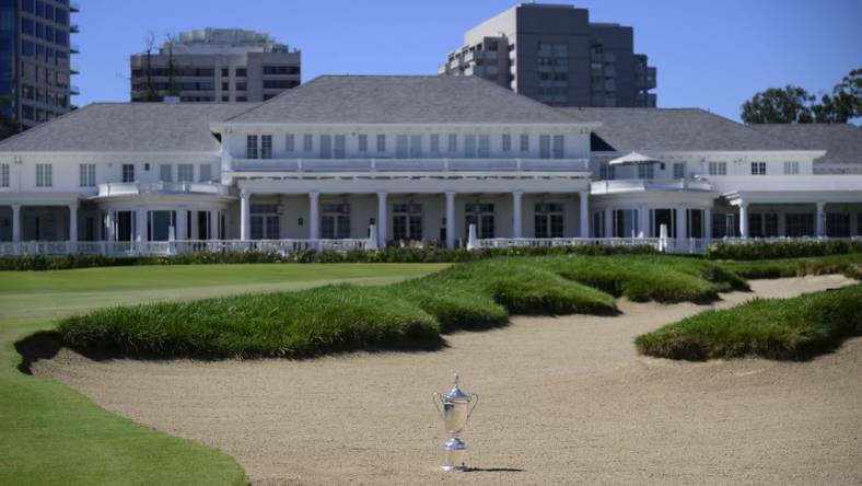 Sep 26, 2022; Los Angeles, California, USA; The championship trophy sits in the bunker on the 18th hole during the 123rd U.S. Open Championship - First Look event at Los Angeles Country Club North Course. Mandatory Credit: Kelvin Kuo-USA TODAY Sports