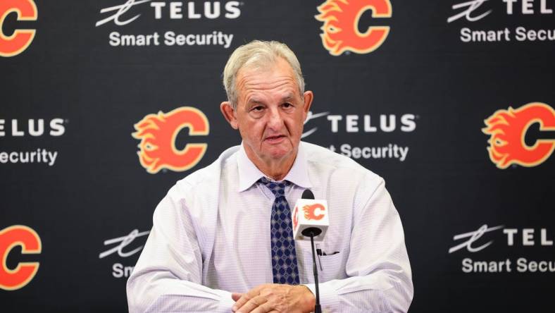 Sep 25, 2022; Calgary, Alberta, CAN; Calgary Flames head coach Darryl Sutter during interview after the game against the Vancouver Canucks at Scotiabank Saddledome. Mandatory Credit: Sergei Belski-USA TODAY Sports