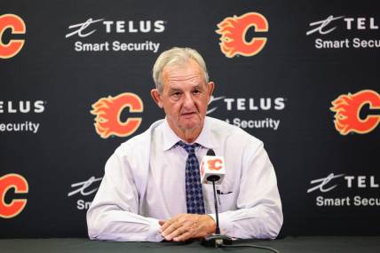 Sep 25, 2022; Calgary, Alberta, CAN; Calgary Flames head coach Darryl Sutter during interview after the game against the Vancouver Canucks at Scotiabank Saddledome. Mandatory Credit: Sergei Belski-USA TODAY Sports