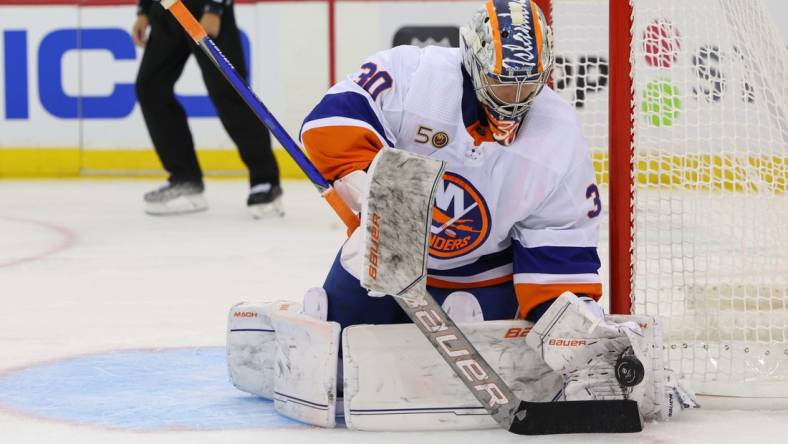 Sep 27, 2022; Newark, New Jersey, USA; New York Islanders goaltender Ilya Sorokin (30) makes a save against the New Jersey Devils during the second period at Prudential Center. Mandatory Credit: Ed Mulholland-USA TODAY Sports