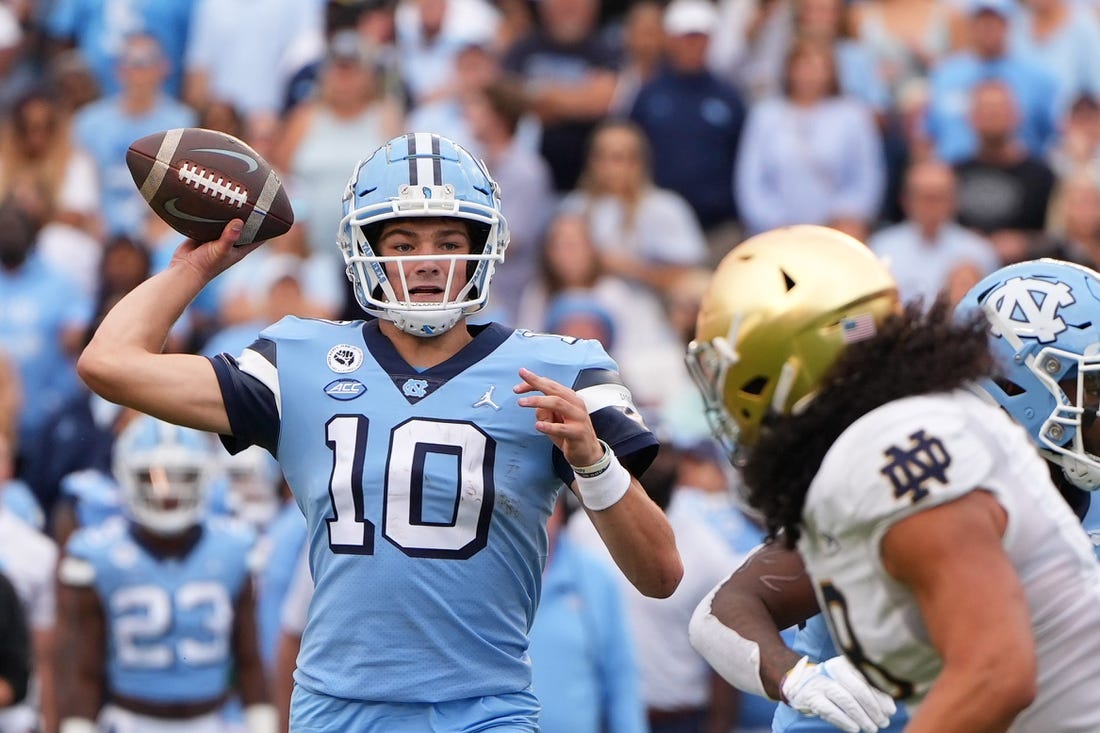 Sep 24, 2022; Chapel Hill, North Carolina, USA; North Carolina Tar Heels quarterback Drake Maye (10) looks to pass Notre Dame Fighting Irish linebacker Marist Liufau (8) pressures in the second quarter at Kenan Memorial Stadium. Mandatory Credit: Bob Donnan-USA TODAY Sports