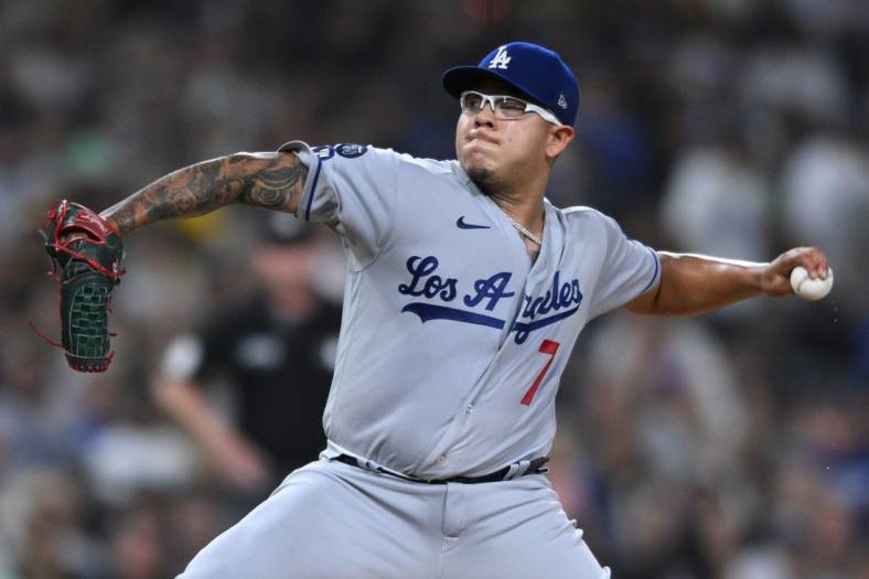 Sep 28, 2022; San Diego, California, USA; Los Angeles Dodgers starting pitcher Julio Urias (7) throws a pitch against the San Diego Padres during the first inning at Petco Park. Mandatory Credit: Orlando Ramirez-USA TODAY Sports