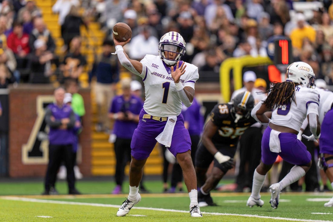 Sep 24, 2022; Boone, North Carolina, USA; James Madison Dukes quarterback Todd Centeio (1)  passes the ball in the first quarter against the Appalachian State Mountaineers at Kidd Brewer Stadium. Mandatory Credit: David Yeazell-USA TODAY Sports