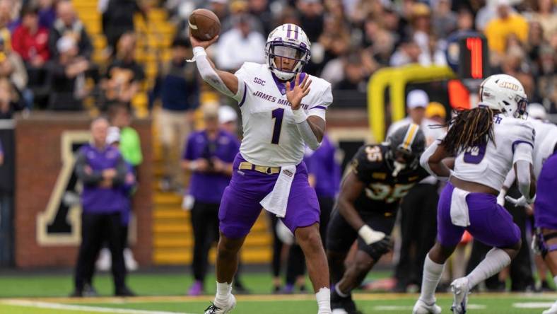 Sep 24, 2022; Boone, North Carolina, USA; James Madison Dukes quarterback Todd Centeio (1)  passes the ball in the first quarter against the Appalachian State Mountaineers at Kidd Brewer Stadium. Mandatory Credit: David Yeazell-USA TODAY Sports