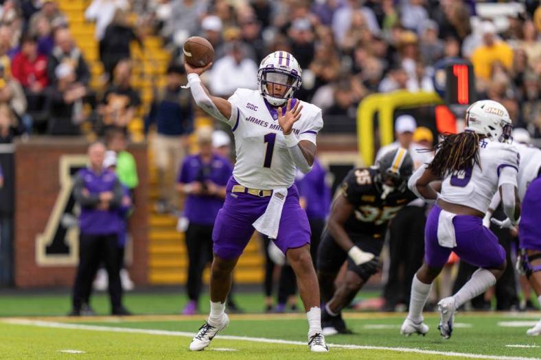 Sep 24, 2022; Boone, North Carolina, USA; James Madison Dukes quarterback Todd Centeio (1)  passes the ball in the first quarter against the Appalachian State Mountaineers at Kidd Brewer Stadium. Mandatory Credit: David Yeazell-USA TODAY Sports
