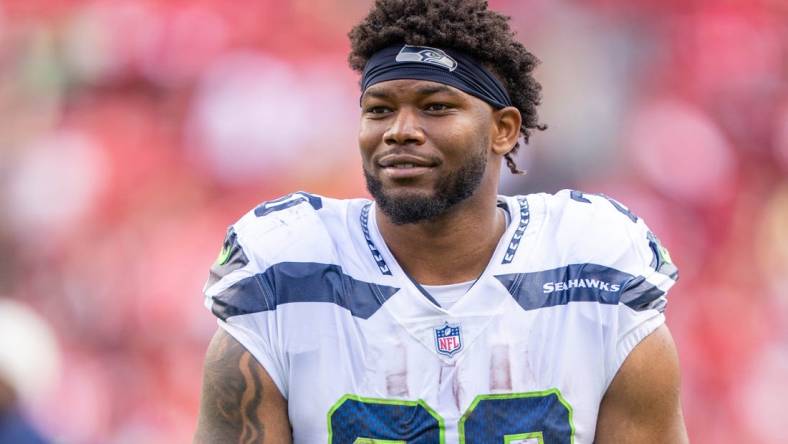 September 18, 2022; Santa Clara, California, USA; Seattle Seahawks running back Rashaad Penny (20) after the game against the San Francisco 49ers at Levi's Stadium. Mandatory Credit: Kyle Terada-USA TODAY Sports