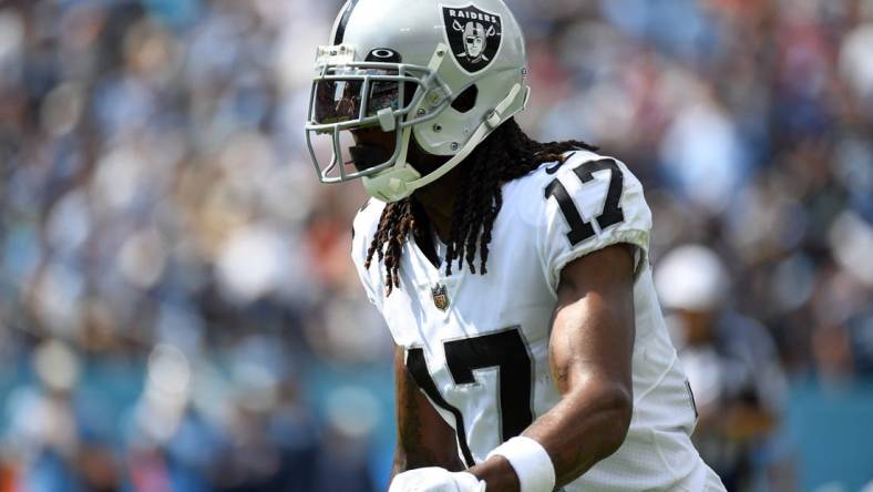 Sep 25, 2022; Nashville, Tennessee, USA; Las Vegas Raiders wide receiver Davante Adams (17) during the second half against the Tennessee Titans at Nissan Stadium. Mandatory Credit: Christopher Hanewinckel-USA TODAY Sports