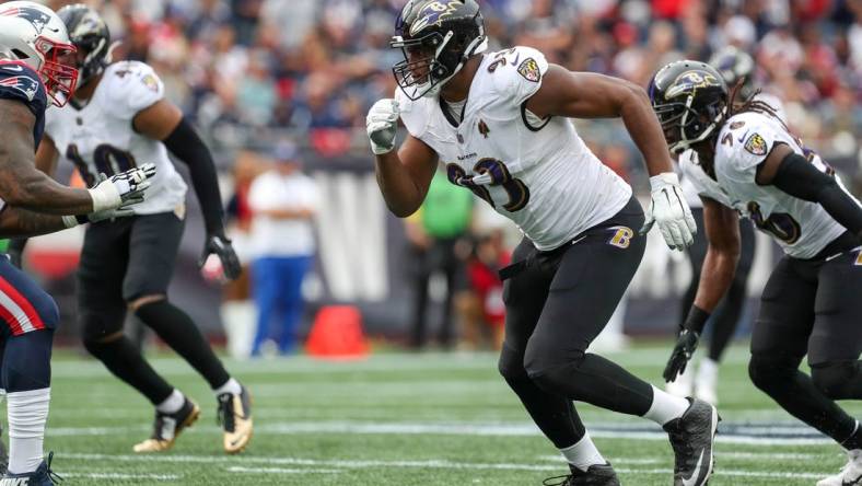 Sep 25, 2022; Foxborough, Massachusetts, USA; Baltimore Ravens defensive end Calais Campbell (93) during the first half against the New England Patriots at Gillette Stadium. Mandatory Credit: Paul Rutherford-USA TODAY Sports