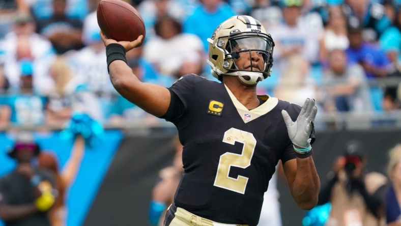 Sep 25, 2022; Charlotte, North Carolina, USA;  New Orleans Saints quarterback Jameis Winston (2) throws the ball against the Carolina Panthers during the second half at Bank of America Stadium. Mandatory Credit: James Guillory-USA TODAY Sports