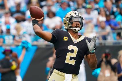 Sep 25, 2022; Charlotte, North Carolina, USA;  New Orleans Saints quarterback Jameis Winston (2) throws the ball against the Carolina Panthers during the second half at Bank of America Stadium. Mandatory Credit: James Guillory-USA TODAY Sports