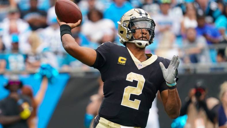 Sep 25, 2022; Charlotte, North Carolina, USA;  New Orleans Saints quarterback Jameis Winston (2) throws the ball against the Carolina Panthers during the second half at Bank of America Stadium. Mandatory Credit: James Guillory-USA TODAY Sports