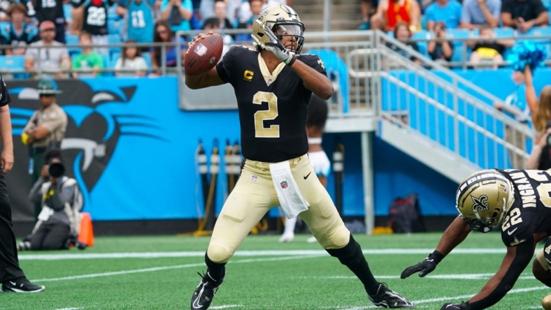 Sep 25, 2022; Charlotte, North Carolina, USA;  New Orleans Saints quarterback Jameis Winston (2) goes back to pass against the Carolina Panthers during the second half at Bank of America Stadium. Mandatory Credit: James Guillory-USA TODAY Sports