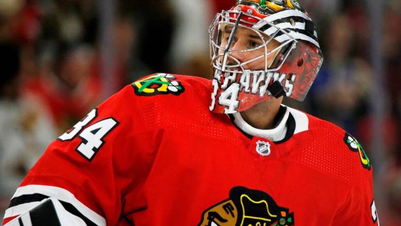 Sep 27, 2022; Chicago, Illinois, USA; Chicago Blackhawks goaltender Petr Mrazek (34) during warmups before the gameagainst the St. Louis Blues at United Center. Mandatory Credit: Jon Durr-USA TODAY Sports