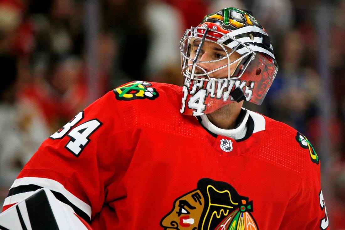 Sep 27, 2022; Chicago, Illinois, USA; Chicago Blackhawks goaltender Petr Mrazek (34) during warmups before the gameagainst the St. Louis Blues at United Center. Mandatory Credit: Jon Durr-USA TODAY Sports