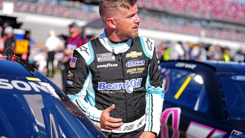 Oct 1, 2022; Talladega, Alabama, USA; NASCAR Cup Series driver Justin Allgaier (62) during qualifying for the YellaWood 500 at Talladega Superspeedway. Mandatory Credit: Jasen Vinlove-USA TODAY Sports