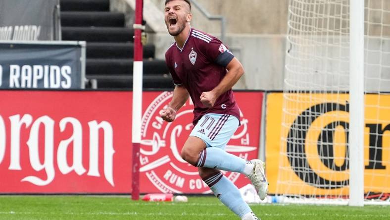 Oct 1, 2022; Commerce City, Colorado, USA; Colorado Rapids forward Diego Rubio (11) celebrates his goal in the second half against FC Dallas at Dick's Sporting Goods Park. Mandatory Credit: Ron Chenoy-USA TODAY Sports