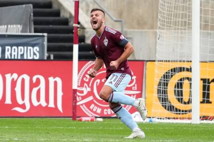 Oct 1, 2022; Commerce City, Colorado, USA; Colorado Rapids forward Diego Rubio (11) celebrates his goal in the second half against FC Dallas at Dick's Sporting Goods Park. Mandatory Credit: Ron Chenoy-USA TODAY Sports