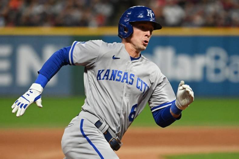 Oct 1, 2022; Cleveland, Ohio, USA; Kansas City Royals center fielder Drew Waters (6) rounds third base en route to scoring during the fourth inning against the Cleveland Guardians at Progressive Field. Mandatory Credit: Ken Blaze-USA TODAY Sports