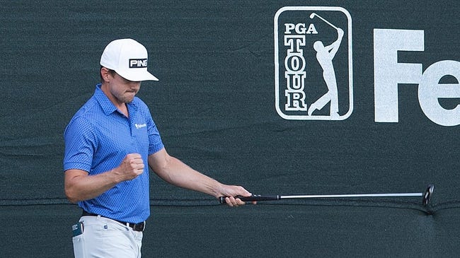 Mackenzie Hughes reacts to making his final putt of the day, finishing Round 3 at 14 under par during the Sanderson Farms Championship at the Country Club of Jackson in Jackson, Miss., Saturday, Oct. 1, 2022.

Tcl Sfc R3