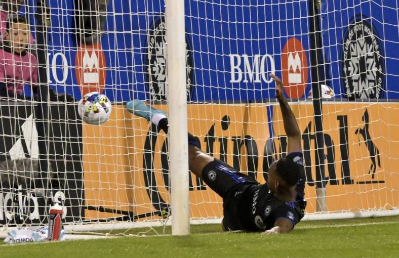 Oct 1, 2022; Montreal, Quebec, CAN; CF Montreal forward Mason Toye (13) scores a goal against D.C. United during the first half at Stade Saputo. Mandatory Credit: Eric Bolte-USA TODAY Sports
