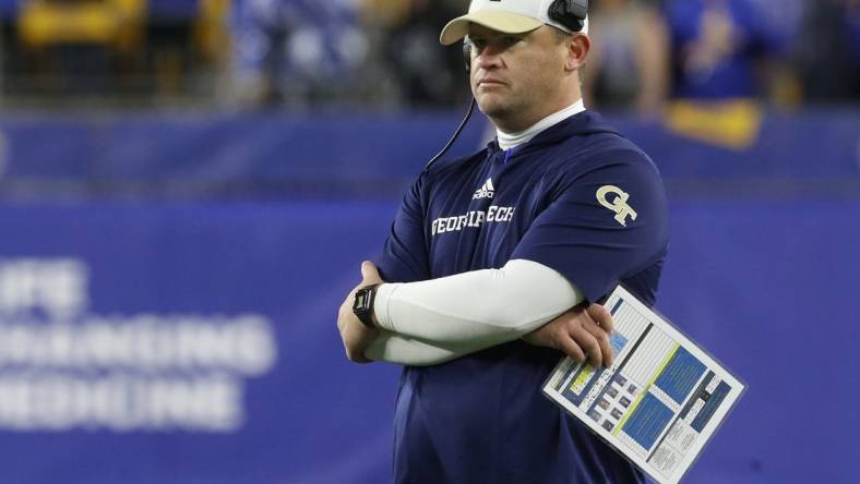 Oct 1, 2022; Pittsburgh, Pennsylvania, USA;  Georgia Tech Yellow Jackets interim head coach Brent Key looks on from the sidelines against the Pittsburgh Panthers during the fourth quarter at Acrisure Stadium. Georgia Tech won 26-21. Mandatory Credit: Charles LeClaire-USA TODAY Sports