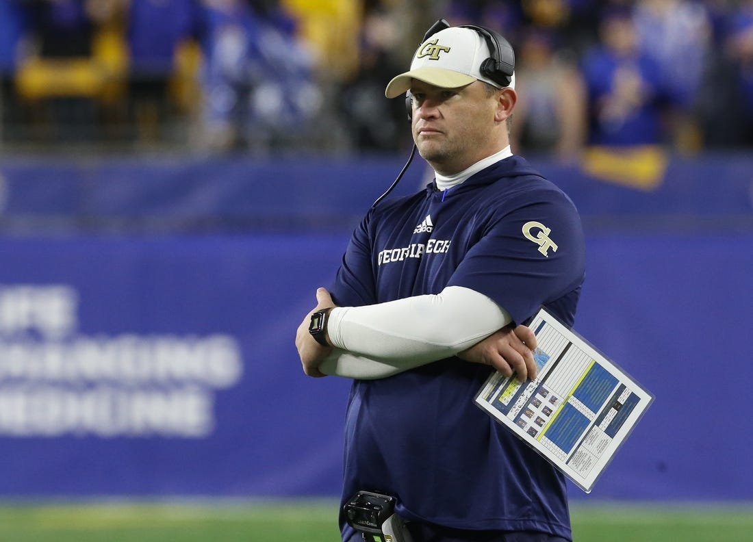 Oct 1, 2022; Pittsburgh, Pennsylvania, USA;  Georgia Tech Yellow Jackets interim head coach Brent Key looks on from the sidelines against the Pittsburgh Panthers during the fourth quarter at Acrisure Stadium. Georgia Tech won 26-21. Mandatory Credit: Charles LeClaire-USA TODAY Sports