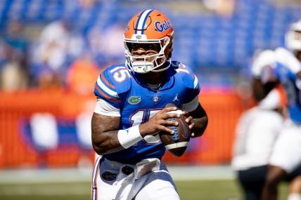 Florida Gators quarterback Anthony Richardson (15) warms up before the game against the Eastern Washington Eagles at Steve Spurrier Field at Ben Hill Griffin Stadium in Gainesville, FL on Sunday, October 2, 2022. [Matt Pendleton/Gainesville Sun]

Ncaa Football Florida Gators Vs Eastern Washington Eagles