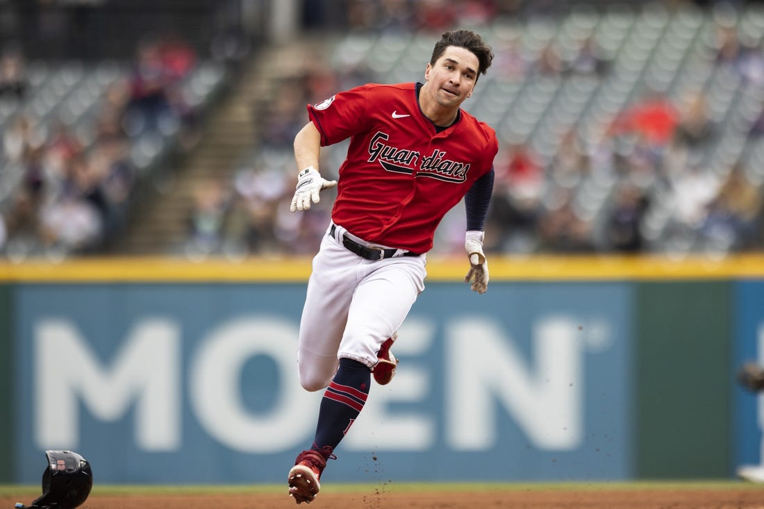 Oct 2, 2022; Cleveland, Ohio, USA; Cleveland Guardians left fielder Will Brennan (63) rounds second base on a triple during the first inning against the Kansas City Royals at Progressive Field. Mandatory Credit: Scott Galvin-USA TODAY Sports