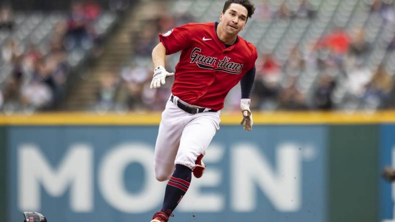 Oct 2, 2022; Cleveland, Ohio, USA; Cleveland Guardians left fielder Will Brennan (63) rounds second base on a triple during the first inning against the Kansas City Royals at Progressive Field. Mandatory Credit: Scott Galvin-USA TODAY Sports