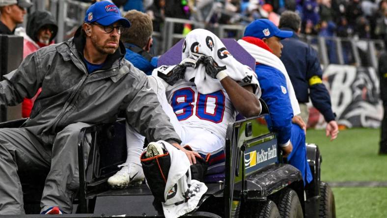 Oct 2, 2022; Baltimore, Maryland, USA;  Buffalo Bills wide receiver Jamison Crowder (80) is carted off the field during the third quarter against the Baltimore Ravens at M&T Bank Stadium. Mandatory Credit: Tommy Gilligan-USA TODAY Sports