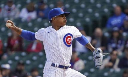 Oct 2, 2022; Chicago, Illinois, USA; Chicago Cubs starting pitcher Marcus Stroman (0) throws the ball against the Cincinnati Reds during the first inning at Wrigley Field. Mandatory Credit: David Banks-USA TODAY Sports