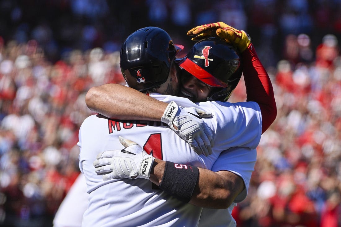 St. Louis Cardinals Albert Pujols celebrates after scoring off of